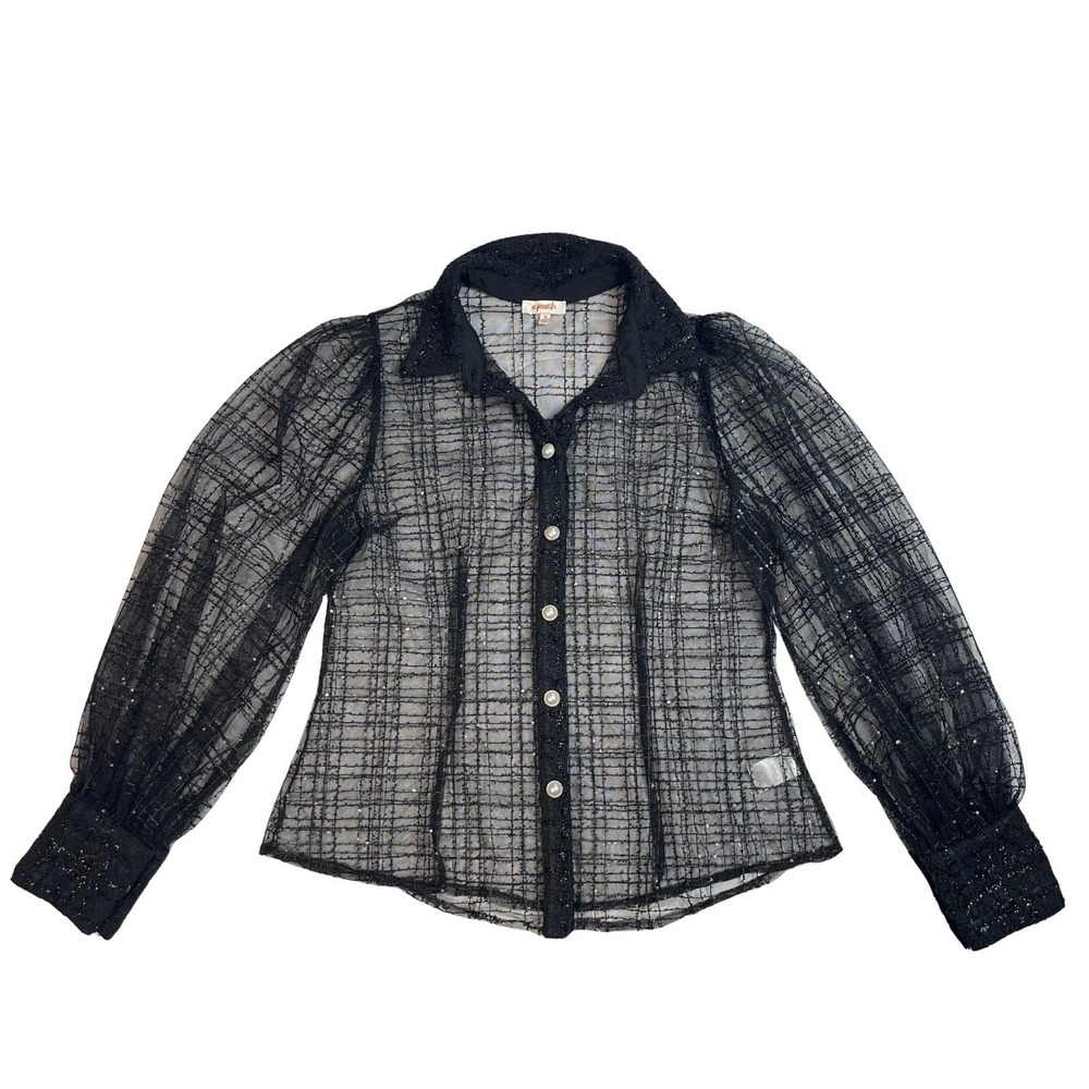 Black Plaid Sheer Sparkle Button Up‎ Blouse Top Medium Whimsigoth Edgy Fairy